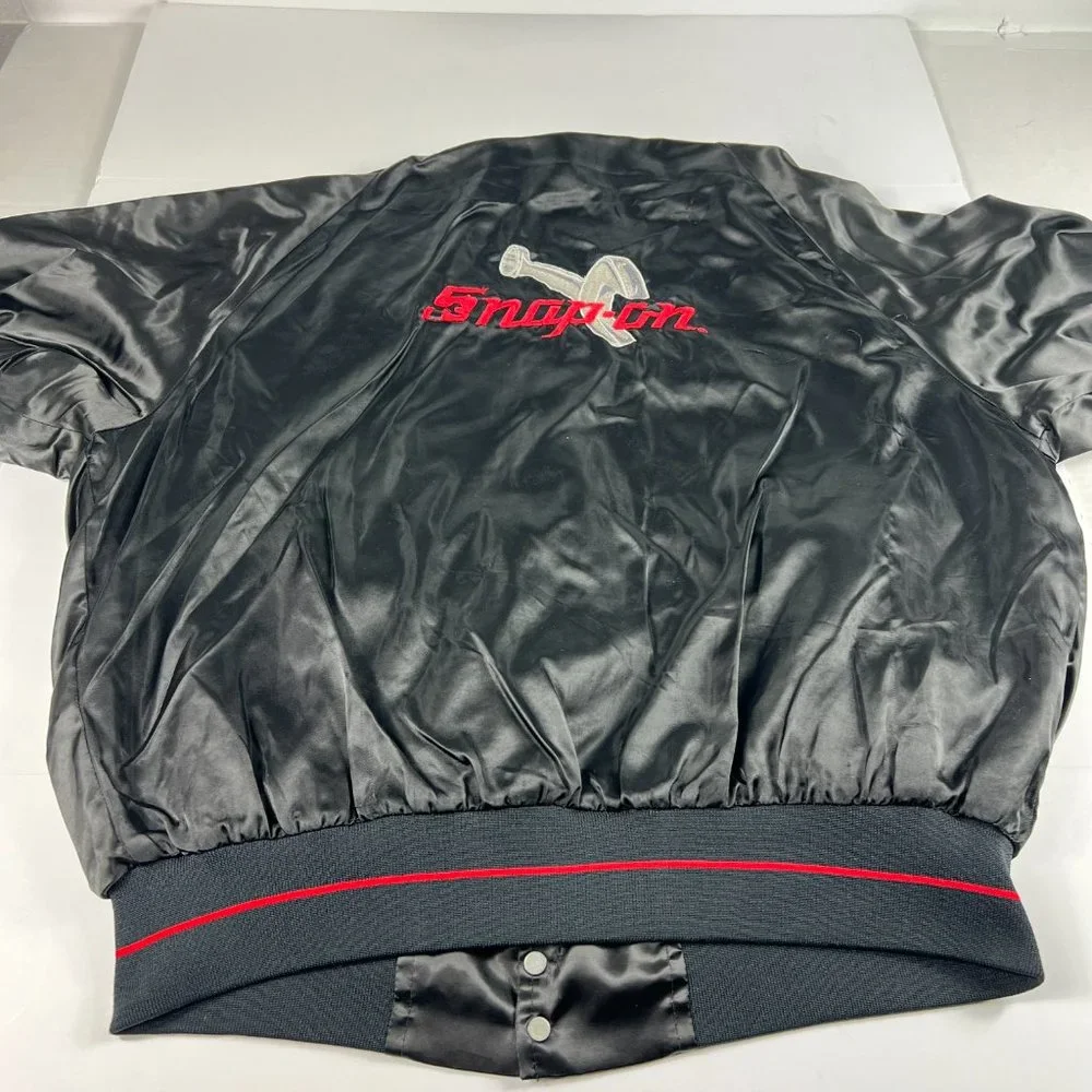 VTG 90s Snap-On Satin Jacket Extra Large Black Embroidered Snap Button USA Made